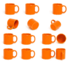 Personalize Full Orange Ceramic Coffee Mug the text "YOUR LOGO HERE" printed on the side, sitting on an office desk next to a laptop.