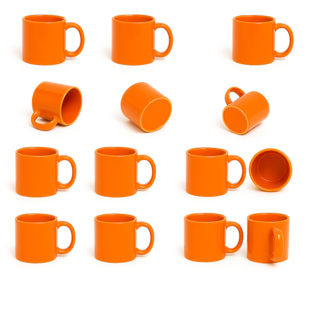 Personalize Full Orange Ceramic Coffee Mug the text "YOUR LOGO HERE" printed on the side, sitting on an office desk next to a laptop.