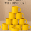 Personalized Yellow Coffee Mug with Name or Logo with a glossy finish on a desk with a vase of daisies, books, and a globe in the background.