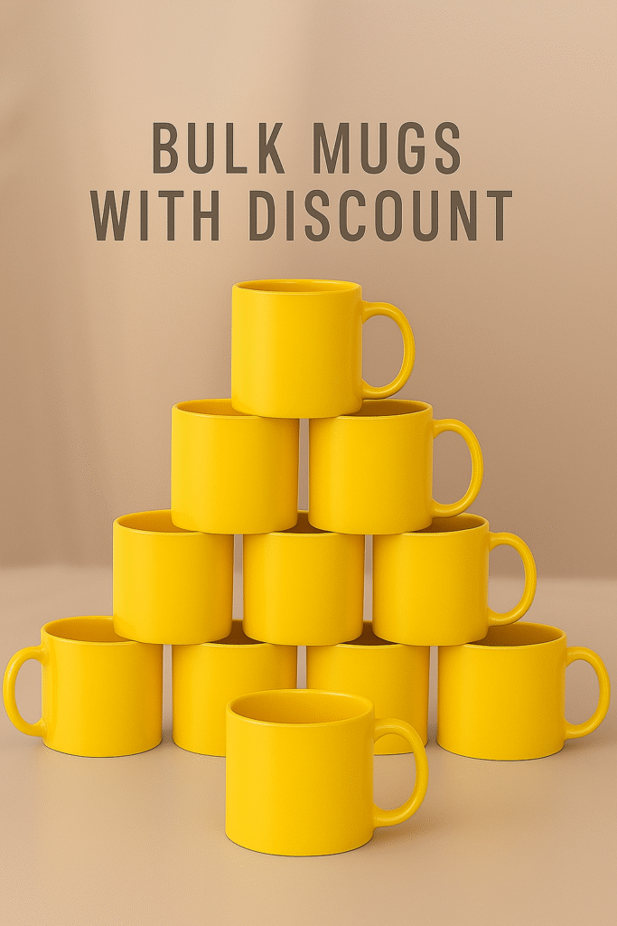 Personalized Yellow Coffee Mug with Name or Logo with a glossy finish on a desk with a vase of daisies, books, and a globe in the background.