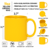 Personalized Yellow Coffee Mug with Name or Logo with a glossy finish on a desk with a vase of daisies, books, and a globe in the background.