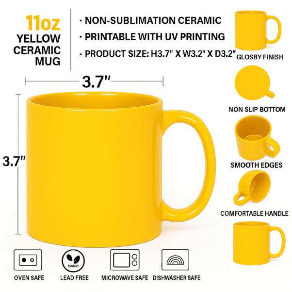 Personalized Yellow Coffee Mug with Name or Logo with a glossy finish on a desk with a vase of daisies, books, and a globe in the background.