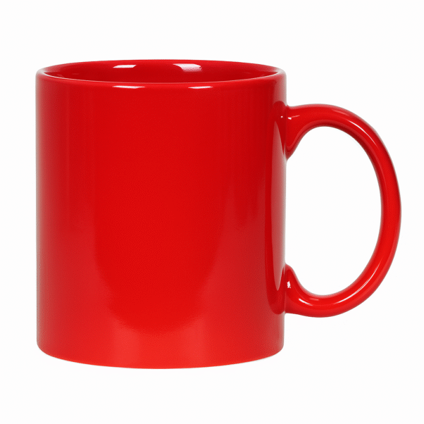 Personalized Red Coffee Mug with Name or Logo finish on a wooden table with coffee beans and books in the background.
