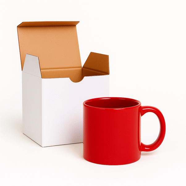 Personalized Red Coffee Mug with Name or Logo finish on a wooden table with coffee beans and books in the background.