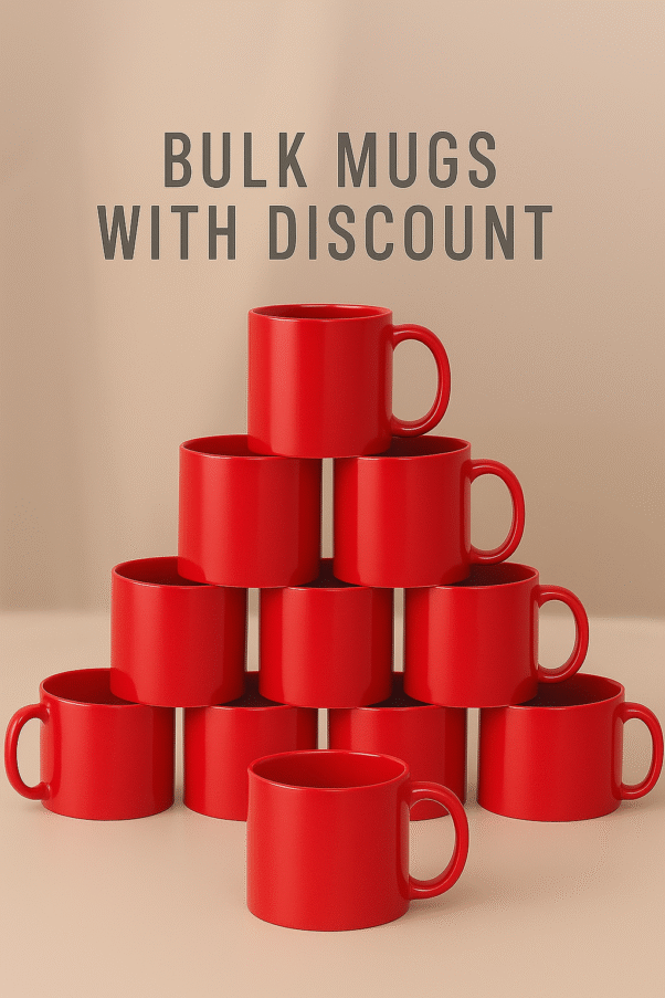 Personalized Red Coffee Mug with Name or Logo finish on a wooden table with coffee beans and books in the background.