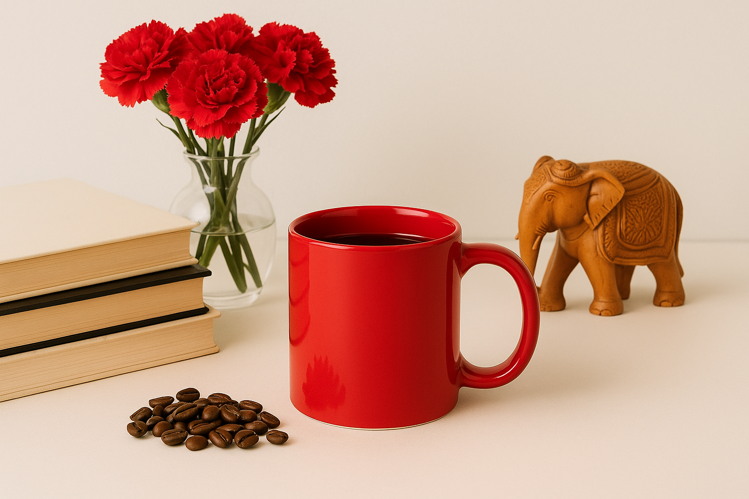 Personalized Red Coffee Mug with Name or Logo finish on a wooden table with coffee beans and books in the background.