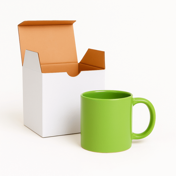 Custom Green ceramic coffee mug sitting on a wooden table, next to a vase with white flowers, a stack of books, and scattered coffee beans.