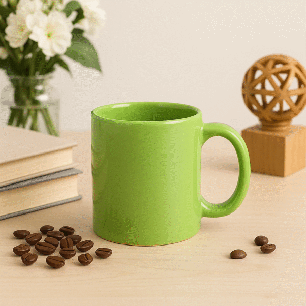 Custom Green ceramic coffee mug sitting on a wooden table, next to a vase with white flowers, a stack of books, and scattered coffee beans.