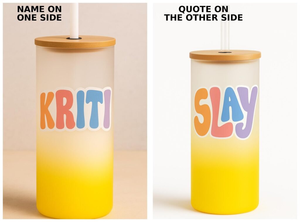 A white and yellow gradient Custom Name Tumbler with Motivational Quote, featuring the name "KRITI" on one side and the word "SLAY" on the other, both in colorful bubbly letters, with a bamboo lid and clear straw.