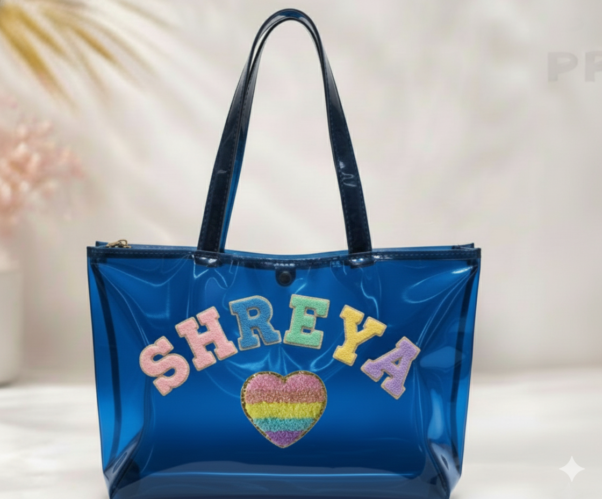 Personalized Jelly Tote Bag with Chenille Patches- Blue