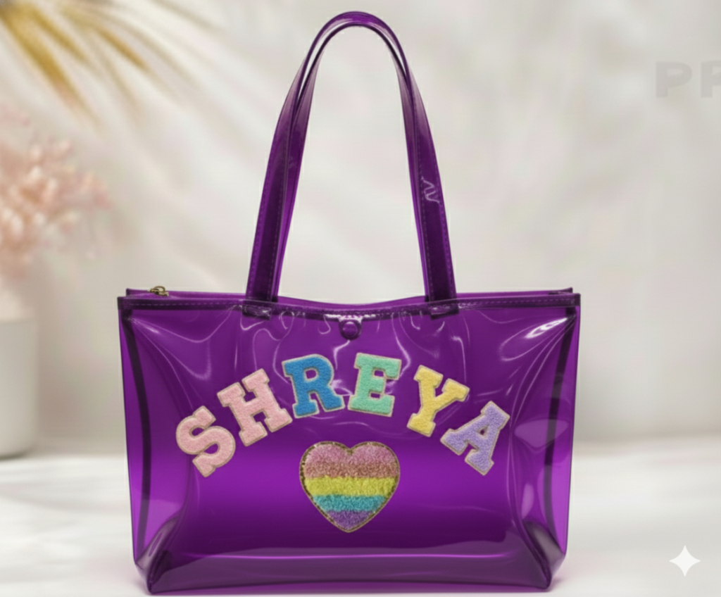Personalized Jelly Tote Bag with Chenille Patches- Purple