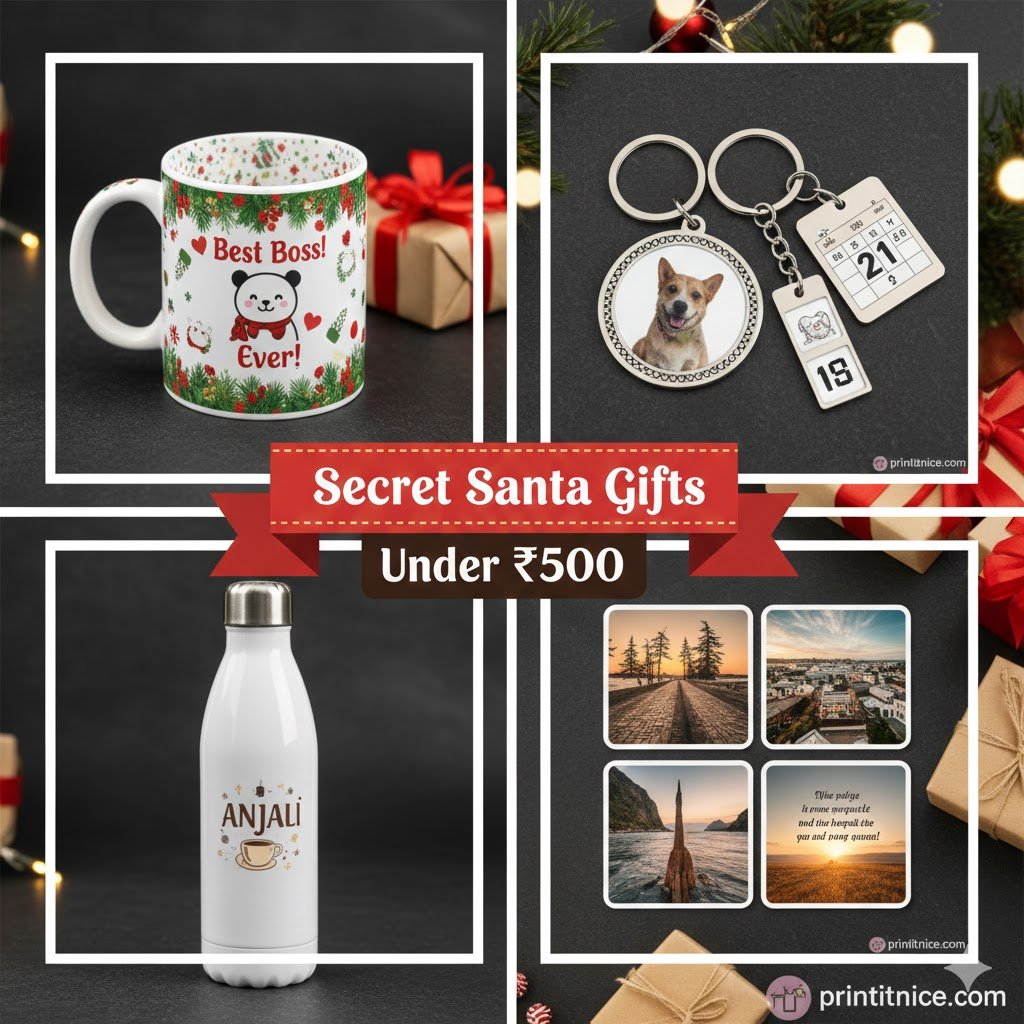 Secret Santa Gifts Under ₹500 – Personalized & Affordable 5 Collage of budget-friendly personalized Secret Santa gift ideas under ₹500
