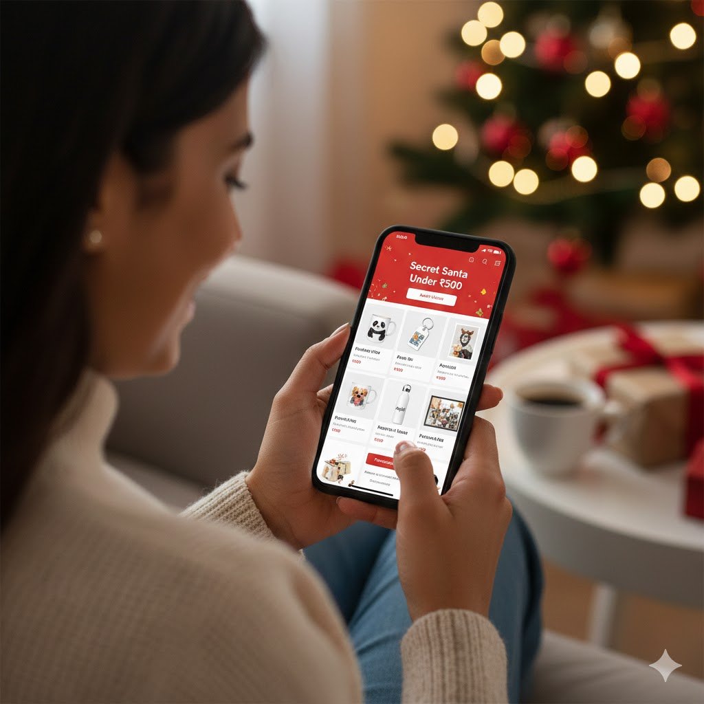 Secret Santa Gifts Under ₹500 – Personalized & Affordable 6 Person shopping online for personalized Secret Santa gifts under ₹500