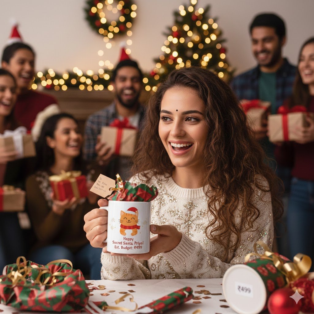 Secret Santa Gifts Under ₹500 – Personalized & Affordable 4 Young woman receiving personalized Secret Santa mug gift under ₹500
