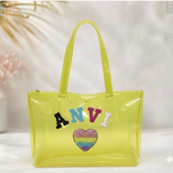 Personalized Jelly Tote Bag with Chenille Patches- Yellow