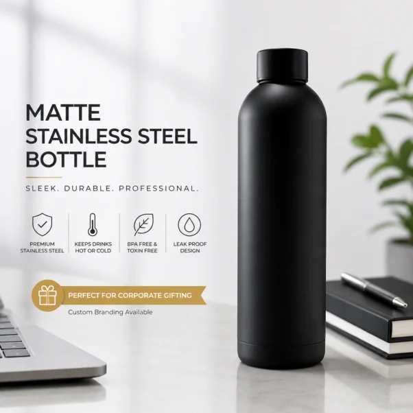 Matte Black Steel Bottle Corporate Gift | Smudge-Resistant Soft-Touch Coat | PrintItNice