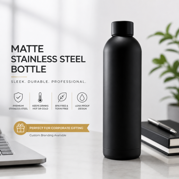 Matte Black Steel Bottle Corporate Gift | Smudge-Resistant Soft-Touch Coat | PrintItNice