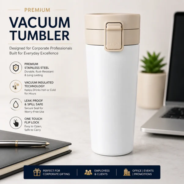White Vacuum Tumbler Mug Corporate Gift | High-Contrast Logo Backdrop | PrintItNice